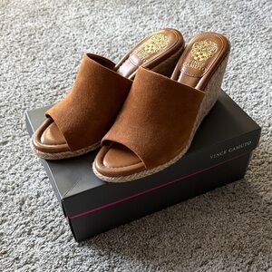 Vince Camuto Tan Suede Wedge Mules